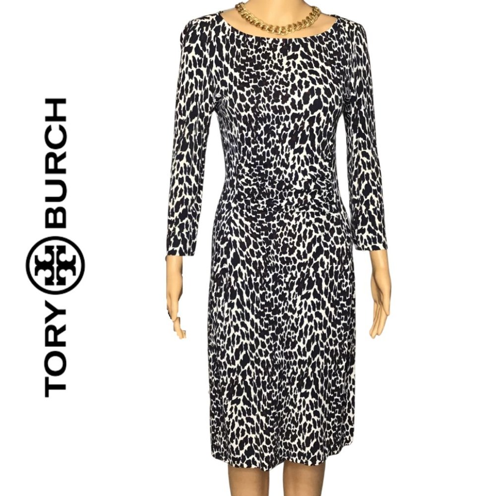 Tory Burch Ruched Waist Navy Leopard Print Sheath Dress EUC Size XS
